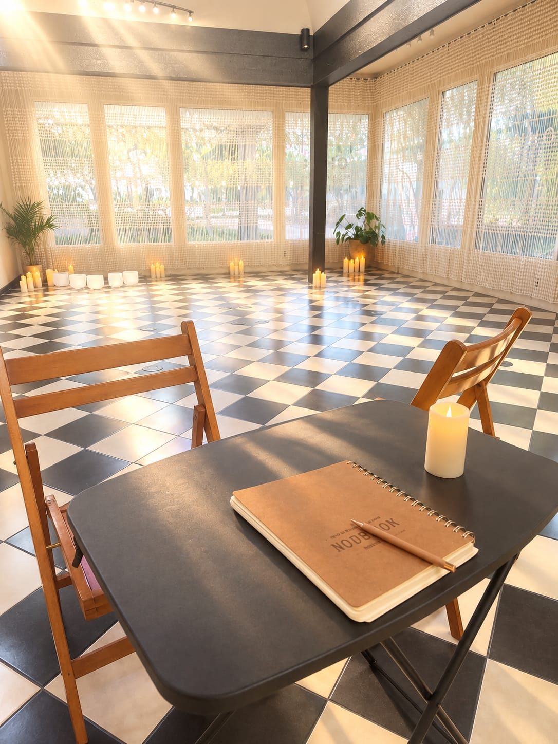 The private session room at OHM Lab in Gainesville: a sunlit studio with a small table, two chairs, a candle and crystal singing bowls